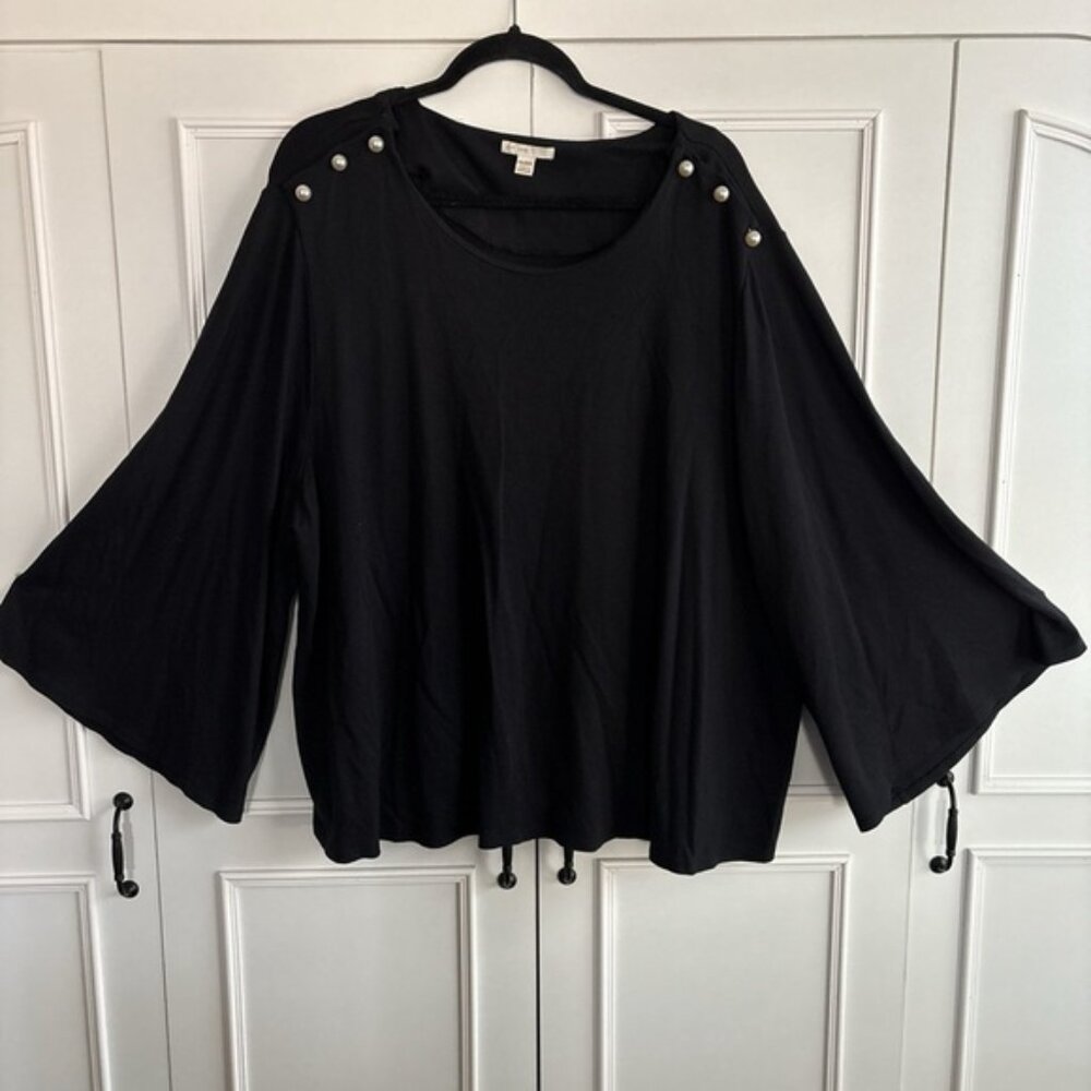 Cato Black Blouse with bell sleeves and with pearl Button Accents